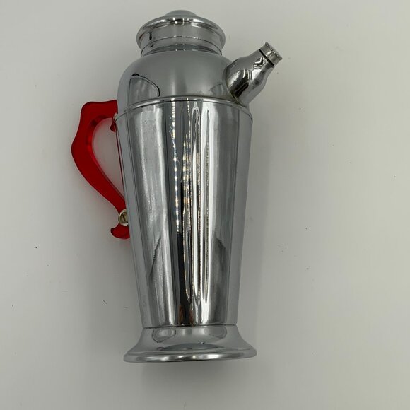 Vintage Art Deco Chrome Cocktail Shaker Mixer Red Bakelite Handle 12" Barware - Picture 12 of 14